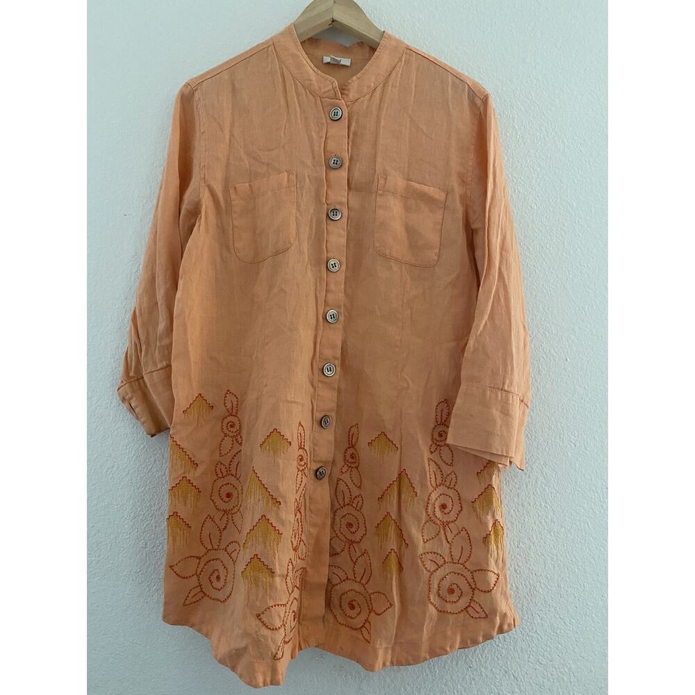 J. Jill Women's Button Front Tunic Top Plus Size M Orange Linen Embroidered